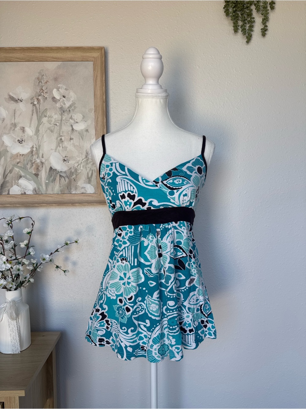 Blind Date vintage Y2K floral cami tank top | Teal blue empire waist babydoll 🩵🥥